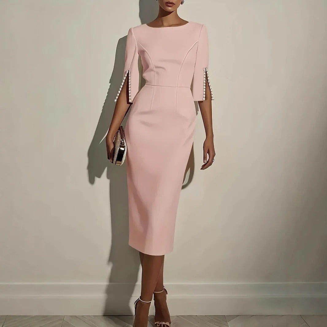 Women's Midi Dress Sheath Bateau Neck Pearl Trim Formal Cocktail Wedding Guest Bodycon Semi Formal Elegant