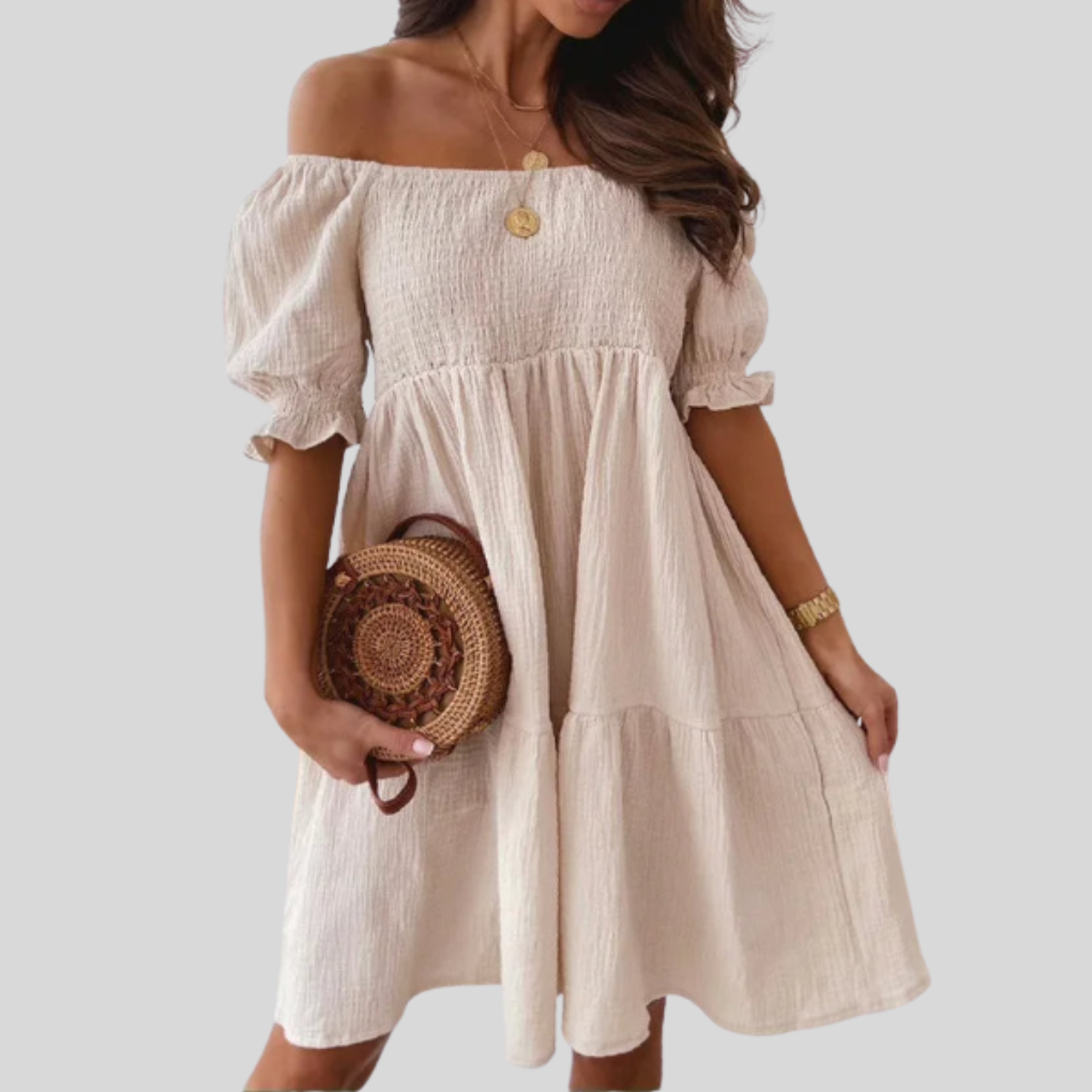Women's Off Shoulder Mini Dress Smocked Summer Sundress Tiered Flowy Beach Casual Short Sleeve - image 3