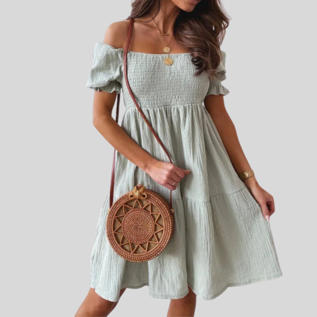 Women's Off Shoulder Mini Dress Smocked Summer Sundress Tiered Flowy Beach Casual Short Sleeve - image 5