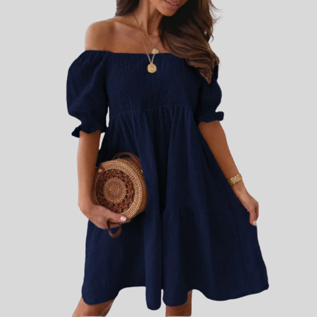 Women's Off Shoulder Mini Dress Smocked Summer Sundress Tiered Flowy Beach Casual Short Sleeve