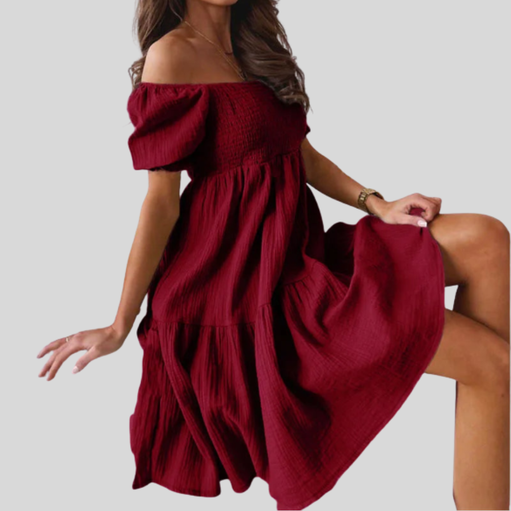 Women's Off Shoulder Mini Dress Smocked Summer Sundress Tiered Flowy Beach Casual Short Sleeve - image 7