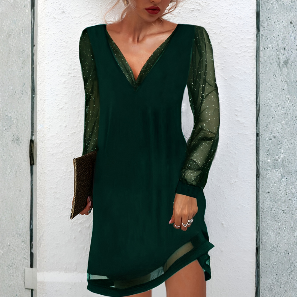 Women's Party Dress Cinched Waist Long Sleeve Sparkly Christmas Cocktail Mini Mesh Sleeve Night Out