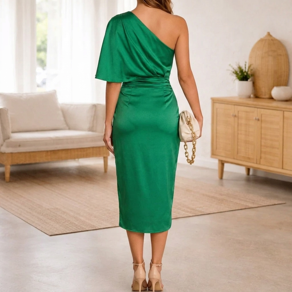 Women's Satin Midi Dress Silky One Shoulder Slit Wrap Cocktail Wedding Guest Semi Formal Draped Elegant - image 3
