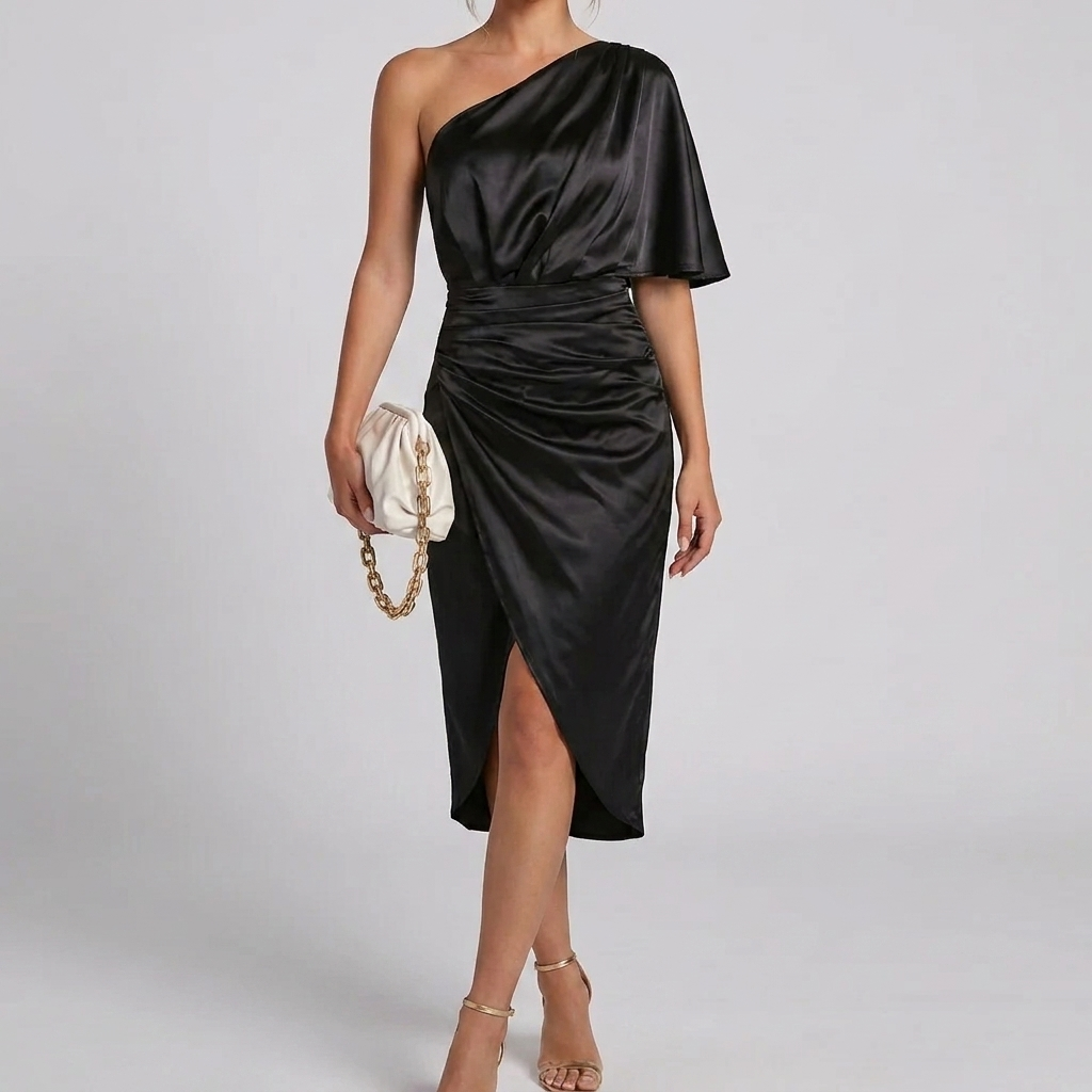 Women's Satin Midi Dress Silky One Shoulder Slit Wrap Cocktail Wedding Guest Semi Formal Draped Elegant