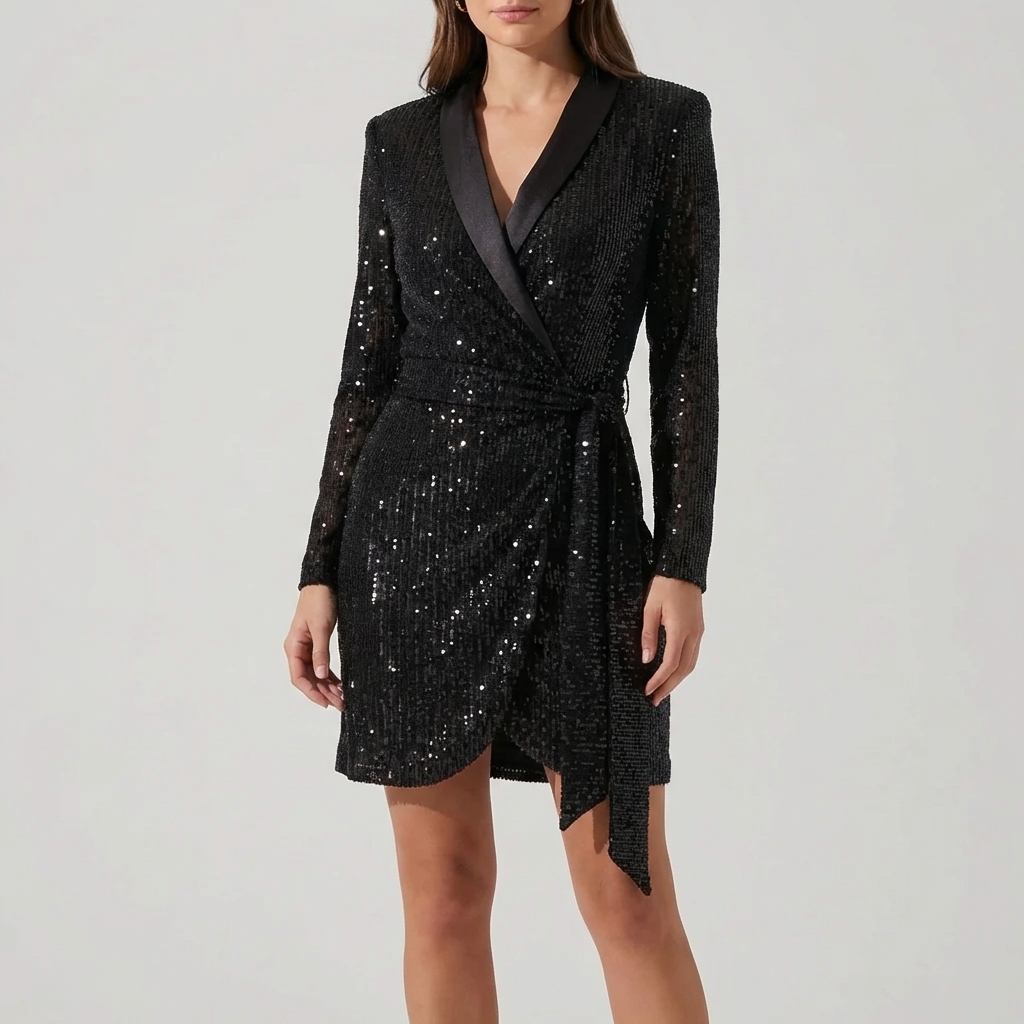 Women's Sequin Blazer Dress Mini Christmas Party Long Sleeve Sparkly Cocktail Double Breasted Glam
