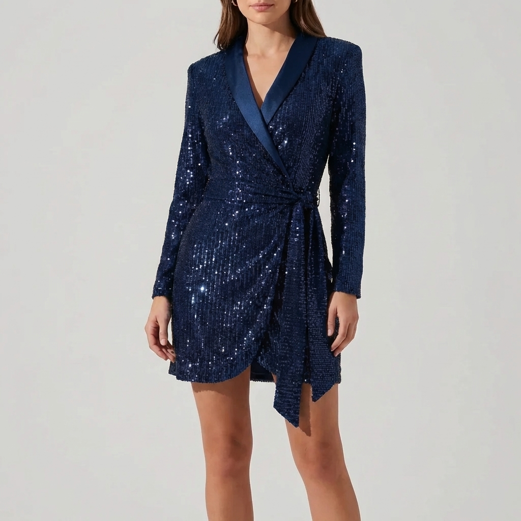 Women's Sequin Blazer Dress Mini Christmas Party Long Sleeve Sparkly Cocktail Double Breasted Glam