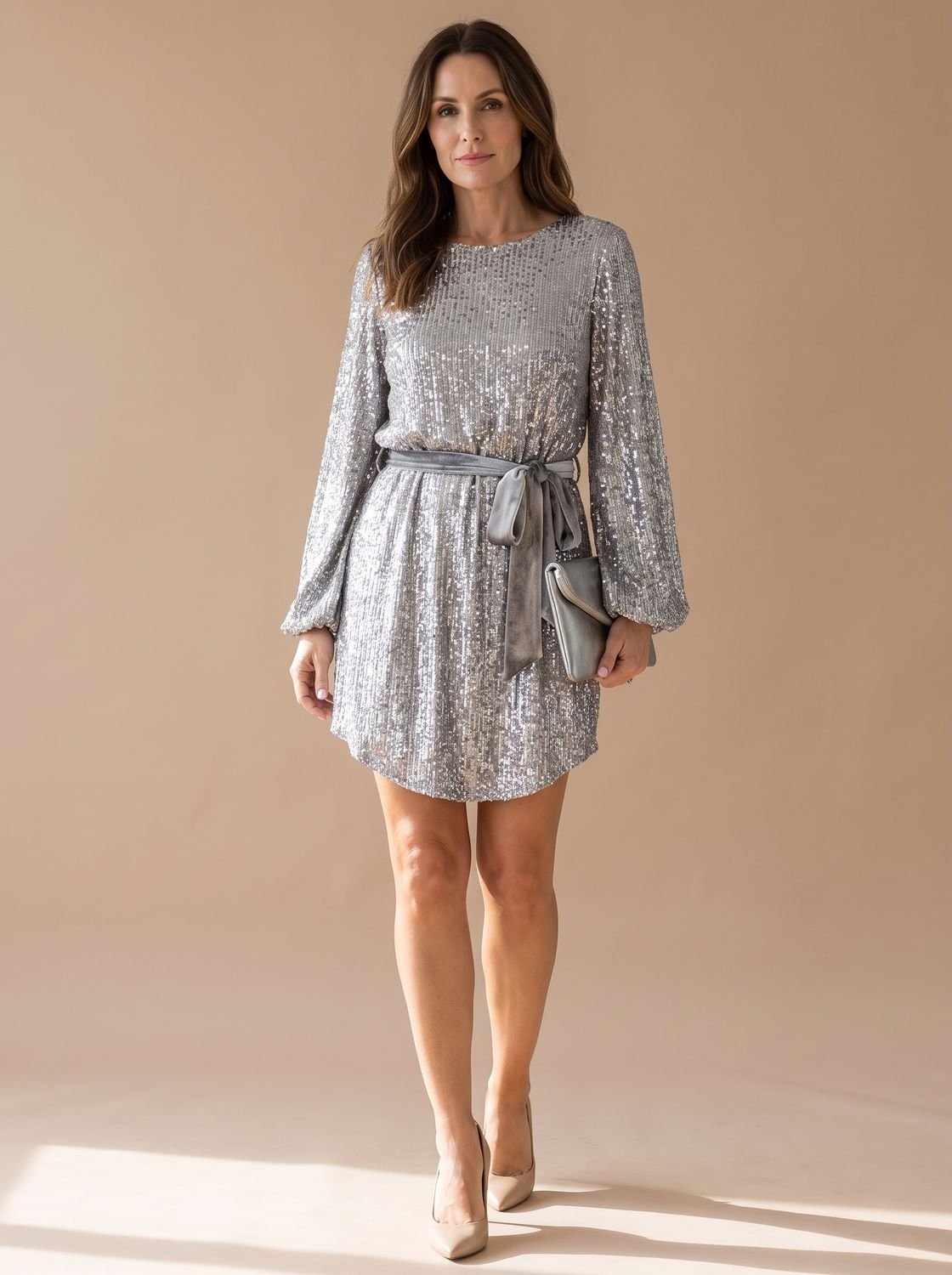 Women's Sequin Mini Dress Christmas Party Balloon Sleeve Belted Sparkly Cocktail Long Sleeve Glam - image 1