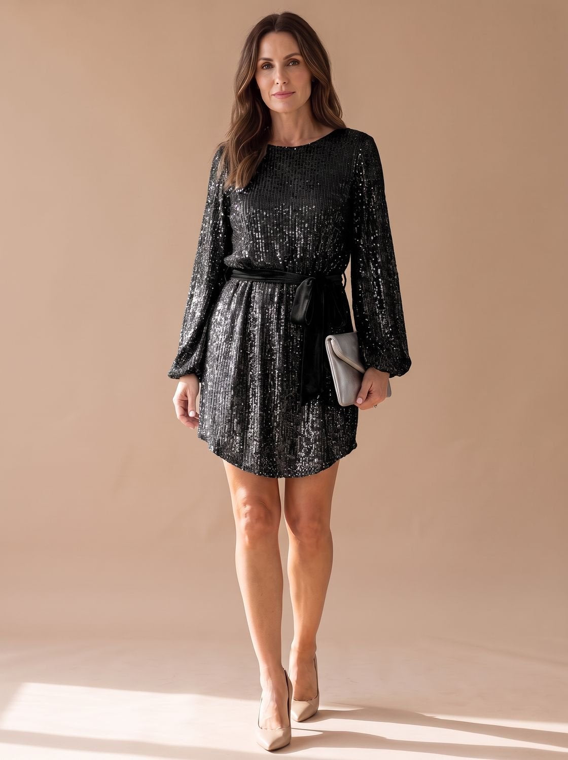 Women's Sequin Mini Dress Christmas Party Balloon Sleeve Belted Sparkly Cocktail Long Sleeve Glam - image 2