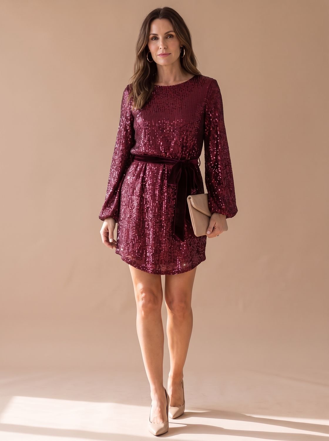 Women's Sequin Mini Dress Christmas Party Balloon Sleeve Belted Sparkly Cocktail Long Sleeve Glam