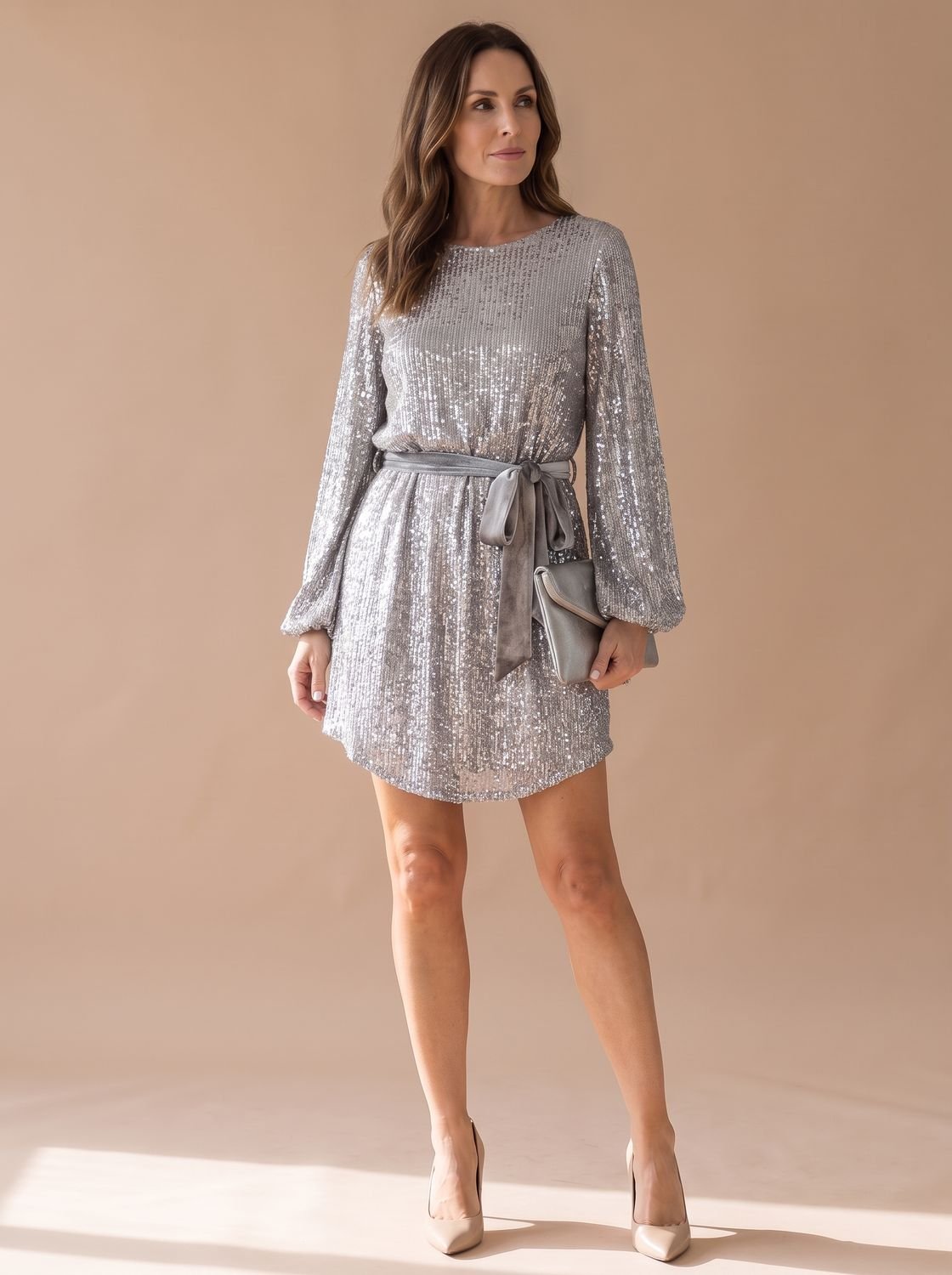 Women's Sequin Mini Dress Christmas Party Balloon Sleeve Belted Sparkly Cocktail Long Sleeve Glam