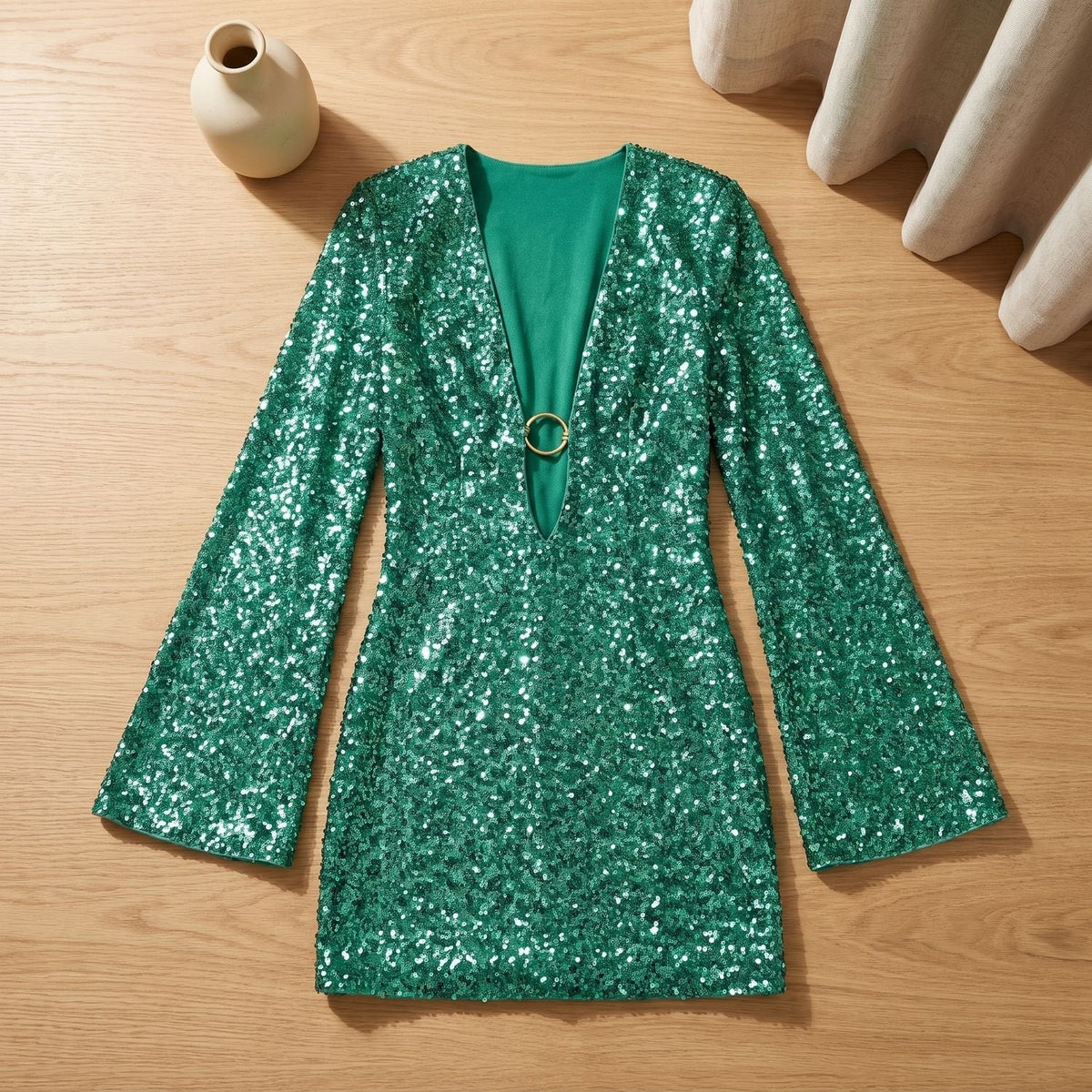 Women's Sequin Mini Dress Plunge Neck Long Sleeve Sparkly Christmas Party Cocktail Bodycon - image 2