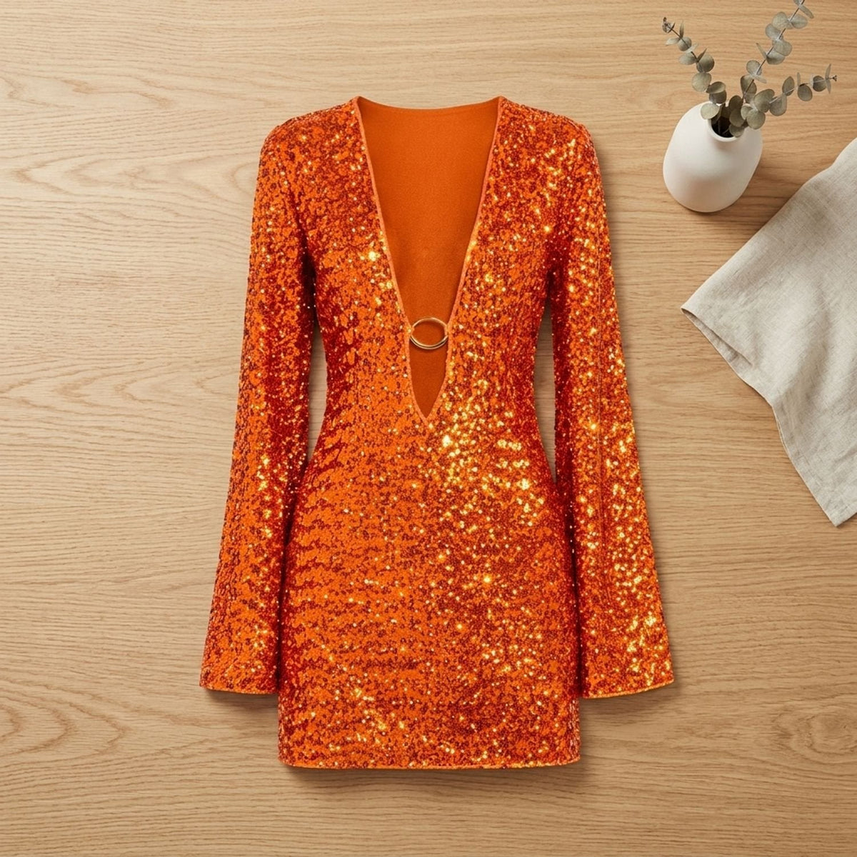 Women's Sequin Mini Dress Plunge Neck Long Sleeve Sparkly Christmas Party Cocktail Bodycon - image 4