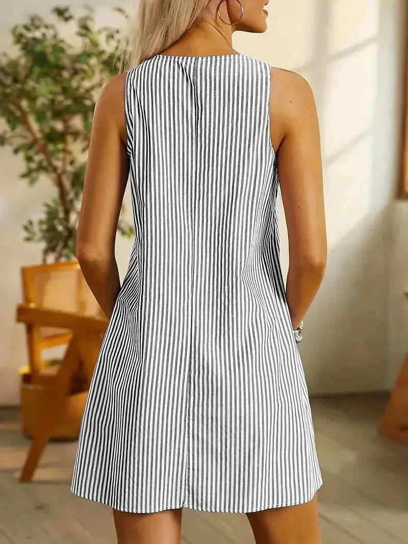Women's Striped Mini Dress Sundress Summer Sleeveless Beach Casual Pockets Tank Loose Short