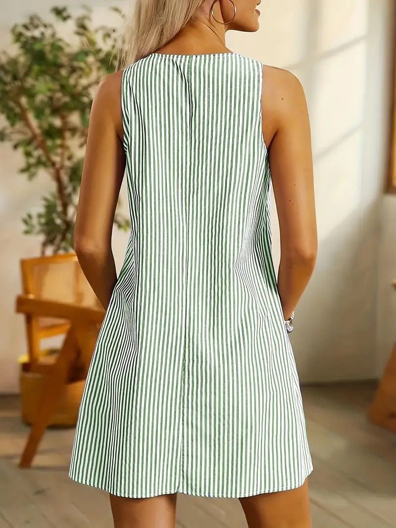 Women's Striped Mini Dress Sundress Summer Sleeveless Beach Casual Pockets Tank Loose Short